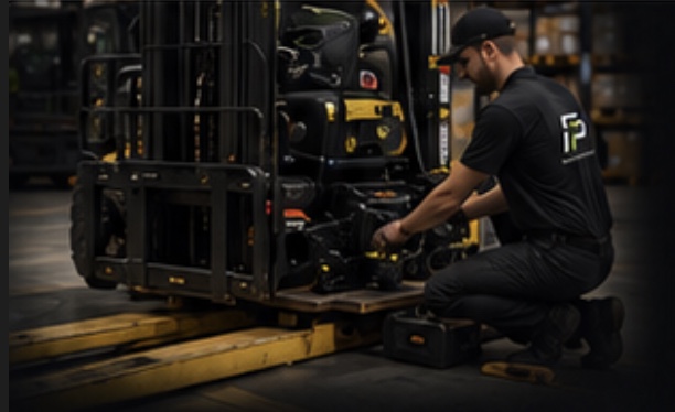 Forklift technician servicing equipment